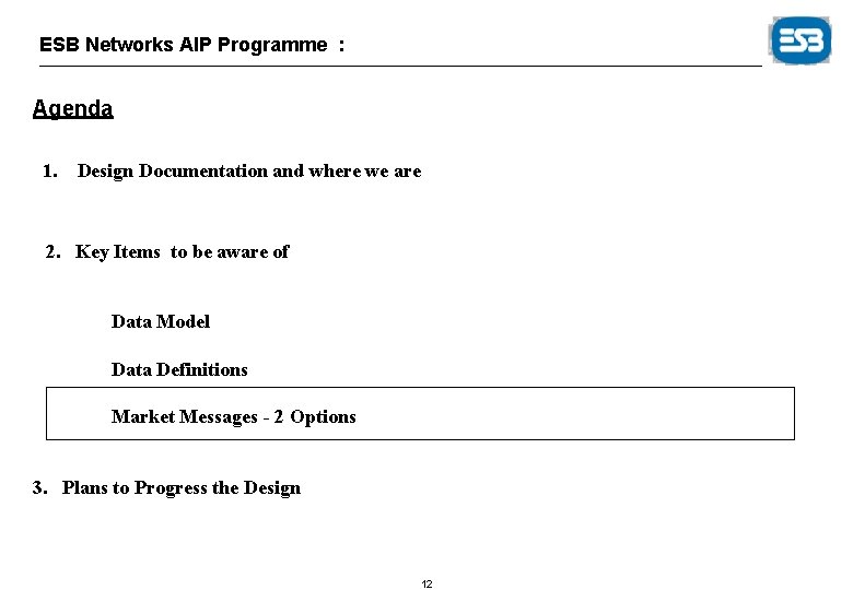 ESB Networks AIP Programme : Agenda 1. Design Documentation and where we are 2.