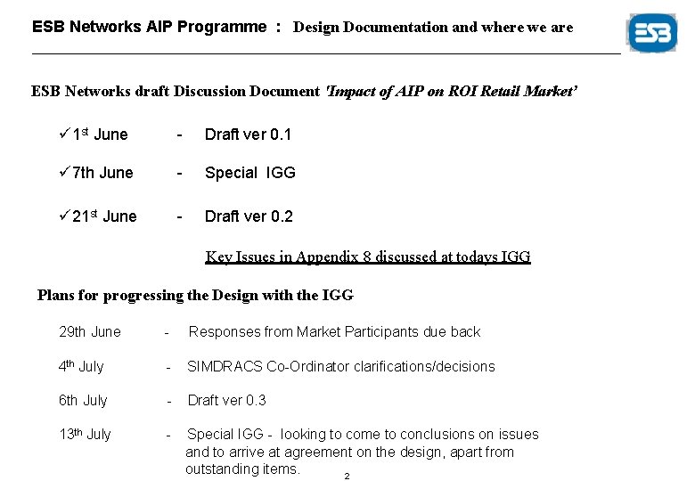 ESB Networks AIP Programme : Design Documentation and where we are ESB Networks draft