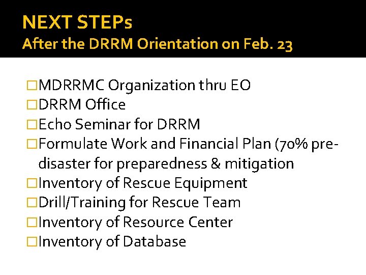 NEXT STEPs After the DRRM Orientation on Feb. 23 �MDRRMC Organization thru EO �DRRM