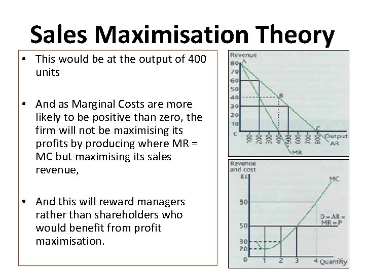 Sales Maximisation Theory • This would be at the output of 400 units •