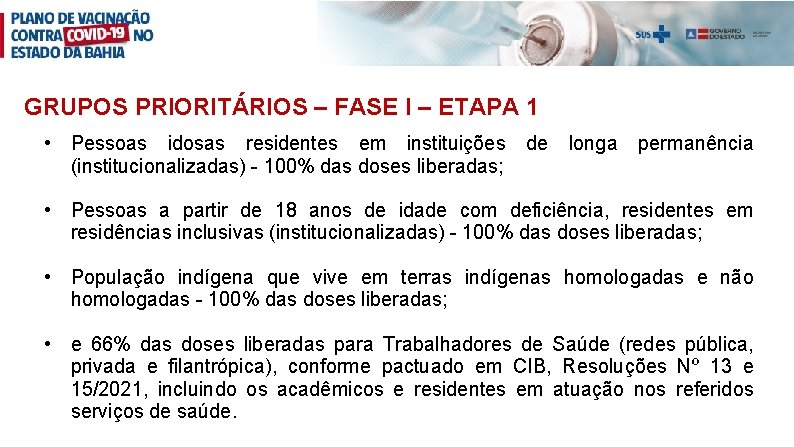 GRUPOS PRIORITÁRIOS – FASE I – ETAPA 1 • Pessoas idosas residentes em instituições