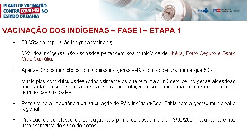 VACINAÇÃO DOS INDÍGENAS – FASE I – ETAPA 1 • 59, 35% da população