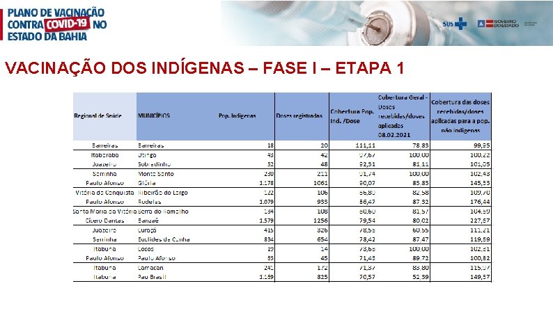 VACINAÇÃO DOS INDÍGENAS – FASE I – ETAPA 1 