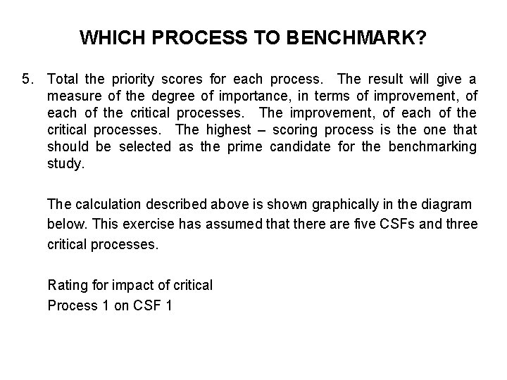 WHICH PROCESS TO BENCHMARK? 5. Total the priority scores for each process. The result