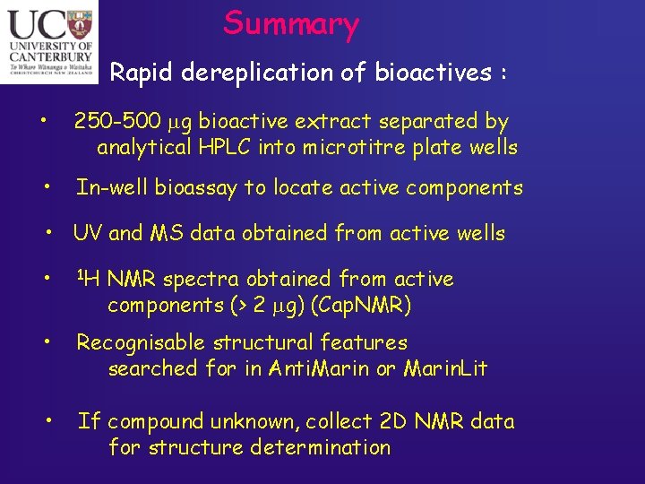 Summary Rapid dereplication of bioactives : • 250 -500 mg bioactive extract separated by
