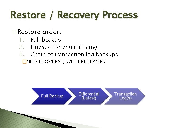 Restore / Recovery Process � Restore 1. 2. 3. order: Full backup Latest differential Restore / Recovery Process � Restore 1. 2. 3. order: Full backup Latest differential