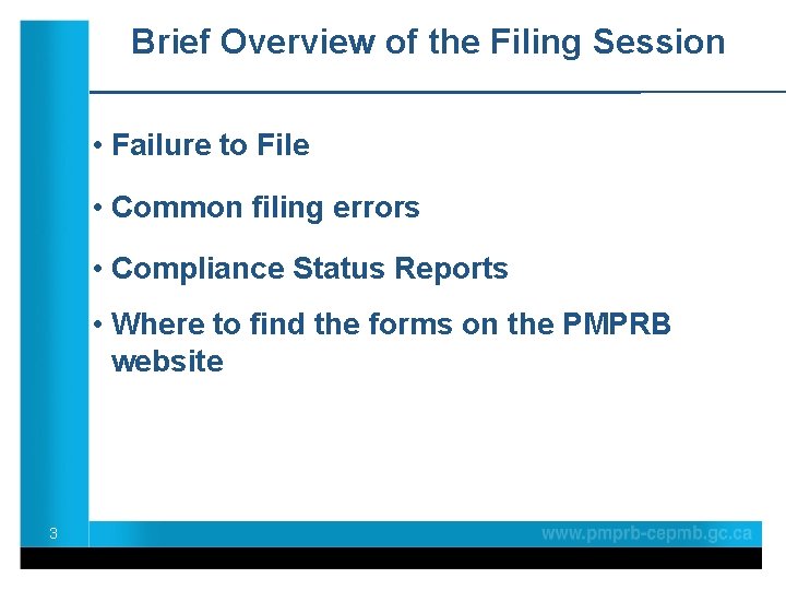 Brief Overview of the Filing Session • Failure to File • Common filing errors