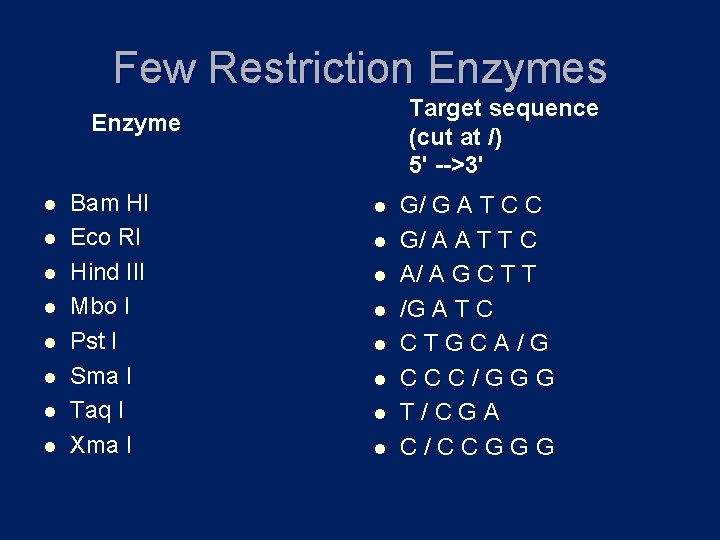 Few Restriction Enzymes Target sequence (cut at /) 5' -->3' Enzyme l l l