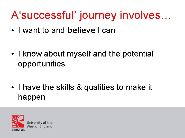 A‘successful’ journey involves… • I want to and believe I can • I know