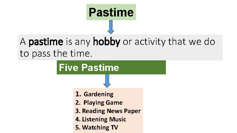 Pastime A pastime is any hobby or activity that we do to pass the