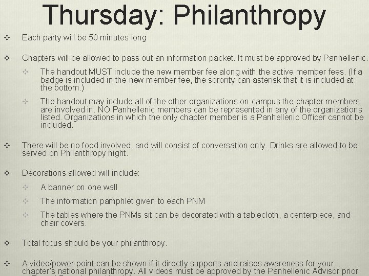 Thursday: Philanthropy v Each party will be 50 minutes long v Chapters will be Thursday: Philanthropy v Each party will be 50 minutes long v Chapters will be
