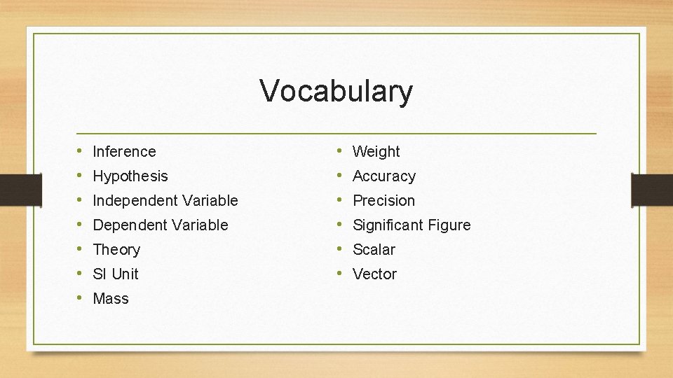 Vocabulary • • Inference Hypothesis Independent Variable Dependent Variable Theory SI Unit Mass •