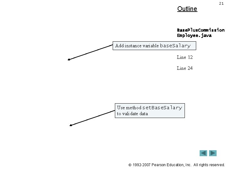 Outline 21 Base. Plus. Commission Employee. java Add instance variable base. Salary (1 of