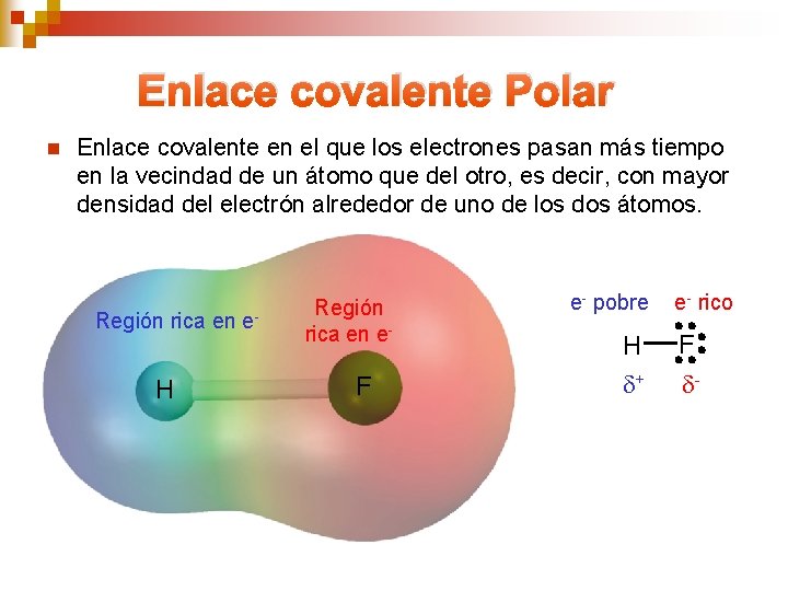 Enlace covalente Polar n Enlace covalente en el que los electrones pasan más tiempo