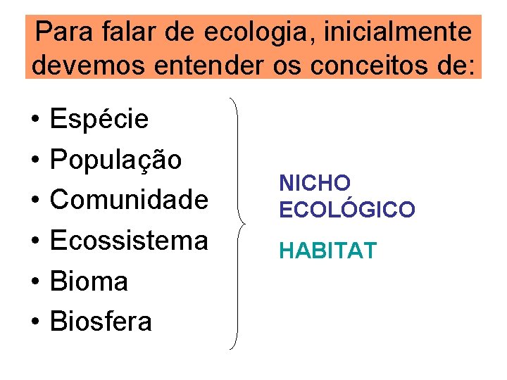 Para falar de ecologia, inicialmente devemos entender os conceitos de: • • • Espécie