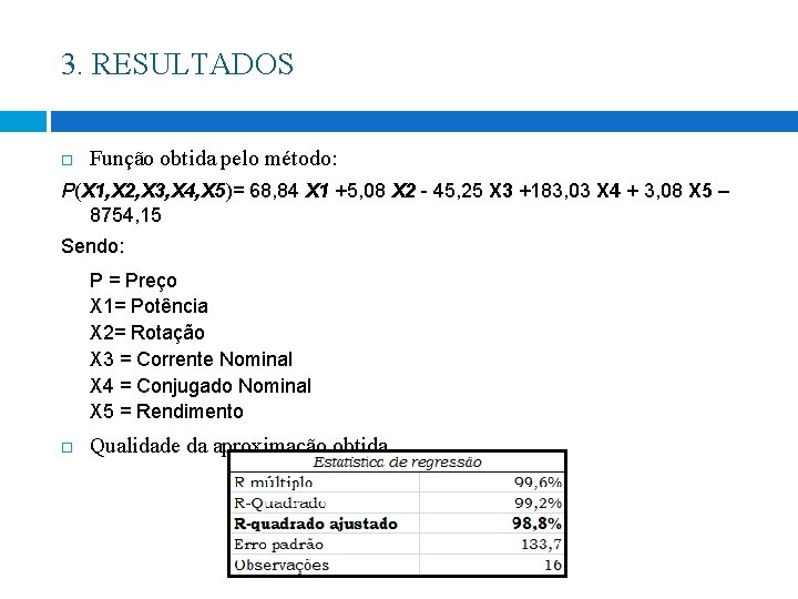 3. RESULTADOS Função obtida pelo método: P(X 1, X 2, X 3, X 4,