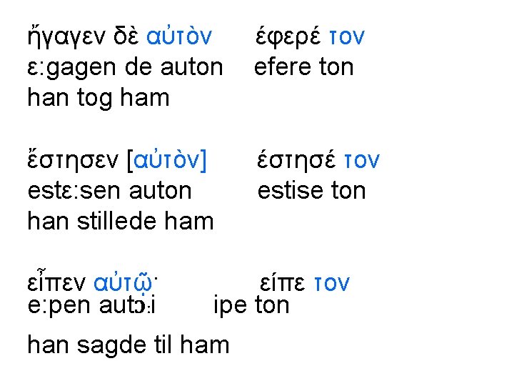 ἤγαγεν δὲ αὐτὸν ε: gagen de auton han tog ham έφερέ τον efere ton