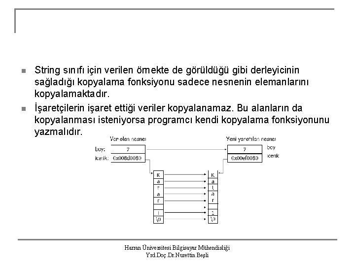 n n String sınıfı için verilen örnekte de görüldüğü gibi derleyicinin sağladığı kopyalama fonksiyonu