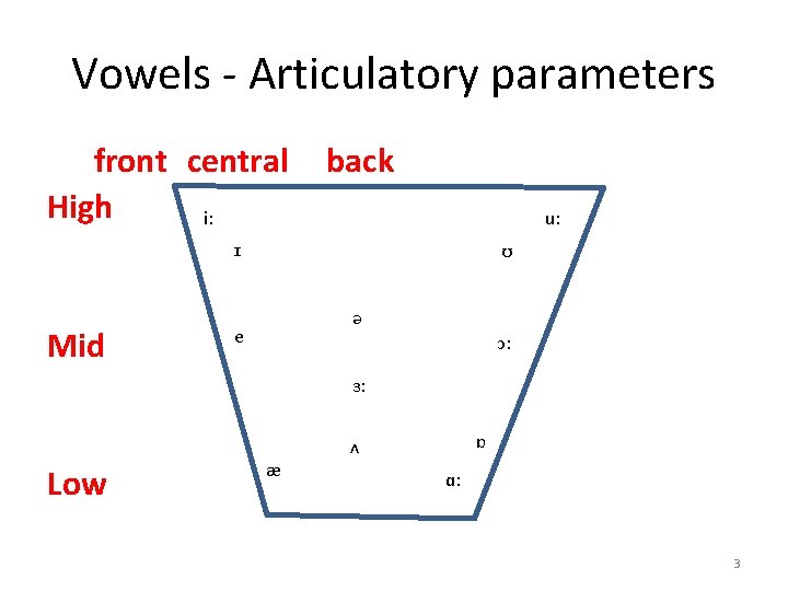 Vowels - Articulatory parameters front central High i: back u: ɪ Mid ʊ ə