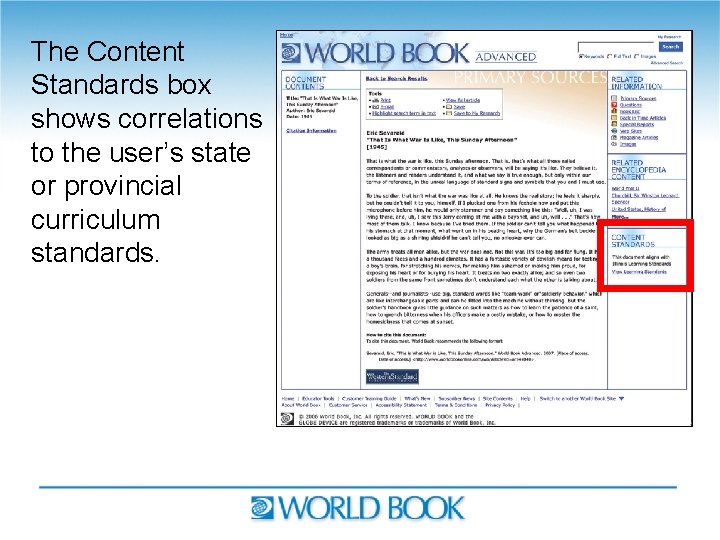 The Content Standards box shows correlations to the user’s state or provincial curriculum standards.