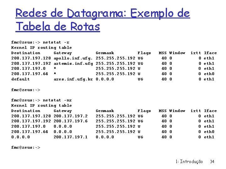 Redes de Datagrama: Exemplo de Tabela de Rotas fmc@zeus: ~> netstat -r Kernel IP