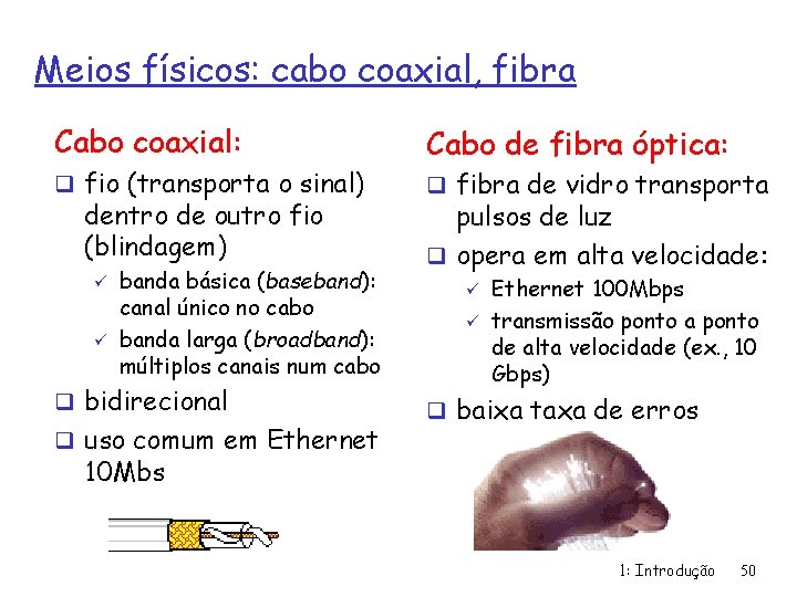 Meios físicos: cabo coaxial, fibra Cabo coaxial: q fio (transporta o sinal) dentro de