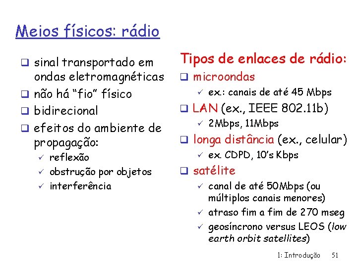 Meios físicos: rádio q sinal transportado em ondas eletromagnéticas q não há “fio” físico