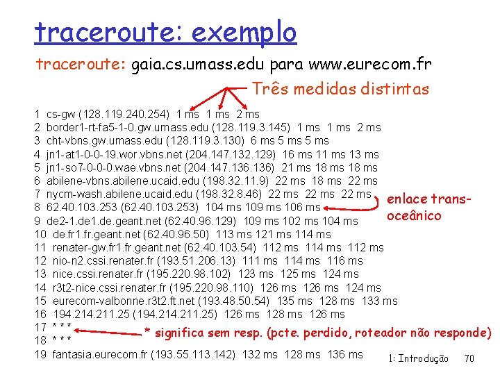 traceroute: exemplo traceroute: gaia. cs. umass. edu para www. eurecom. fr Três medidas distintas