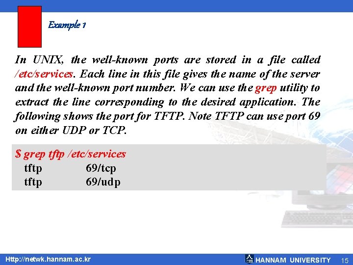 Example 1 In UNIX, the well-known ports are stored in a file called /etc/services.