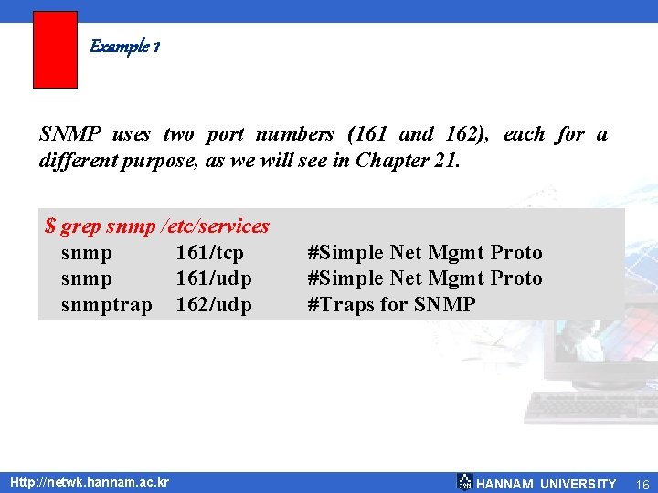 Example 1 SNMP uses two port numbers (161 and 162), each for a different