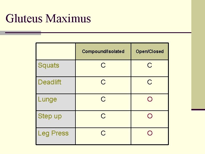 Gluteus Maximus Compound/Isolated Open/Closed Squats C C Deadlift C C Lunge C O Step