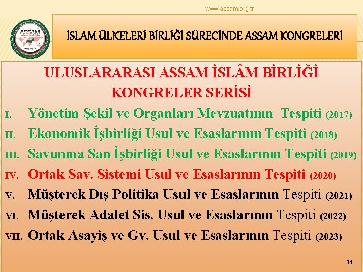 www. assam. org. tr İSLAM ÜLKELERİ BİRLİĞİ SÜRECİNDE ASSAM KONGRELERİ I. III. IV. V.