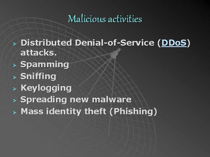 Malicious activities Ø Ø Ø Distributed Denial-of-Service (DDo. S) attacks. Spamming Sniffing Keylogging Spreading