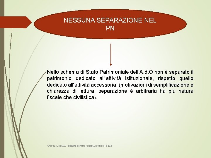 NESSUNA SEPARAZIONE NEL PN Nello schema di Stato Patrimoniale dell’A. d. O non è