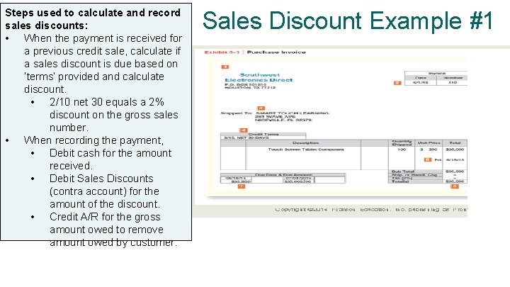 Steps used to calculate and record sales discounts: • When the payment is received
