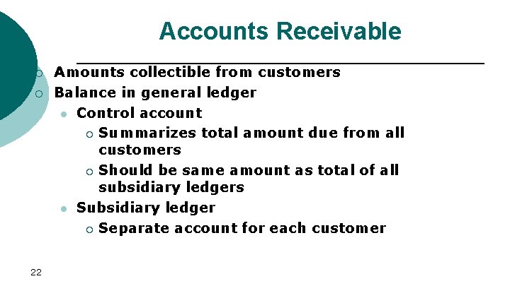 Accounts Receivable ¡ ¡ 22 Amounts collectible from customers Balance in general ledger l