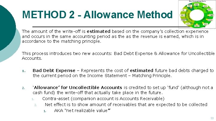 METHOD 2 - Allowance Method The amount of the write-off is estimated based on