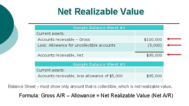 Net Realizable Value Sample Balance Sheet #1 Current assets: Accounts receivable – Gross Less: