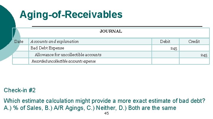 Aging-of-Receivables JOURNAL Date Accounts and explanation Debit Bad Debt Expense Credit 245 Allowance for