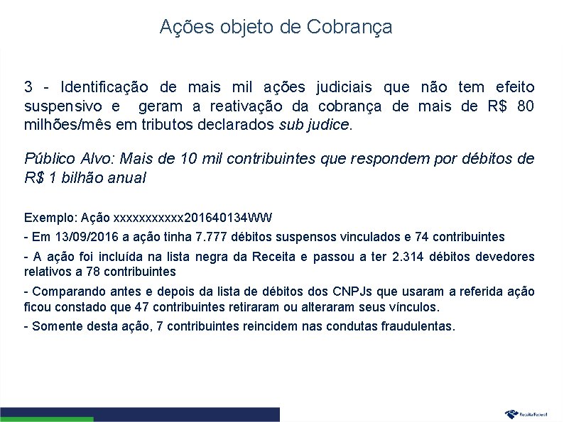 Ações objeto de Cobrança 3 - Identificação de mais mil ações judiciais que não