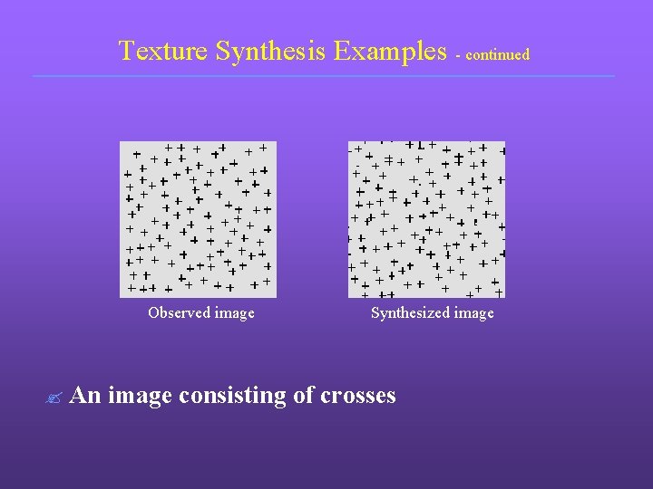 Texture Synthesis Examples - continued Observed image ? An Synthesized image consisting of crosses