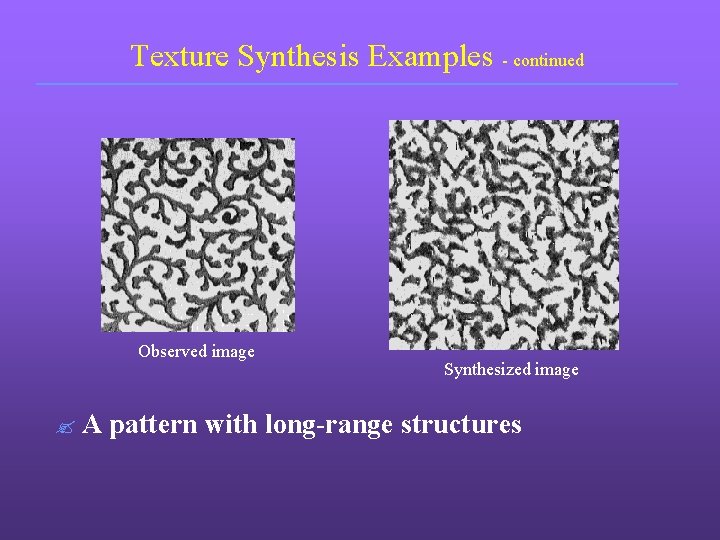 Texture Synthesis Examples - continued Observed image ? A Synthesized image pattern with long-range