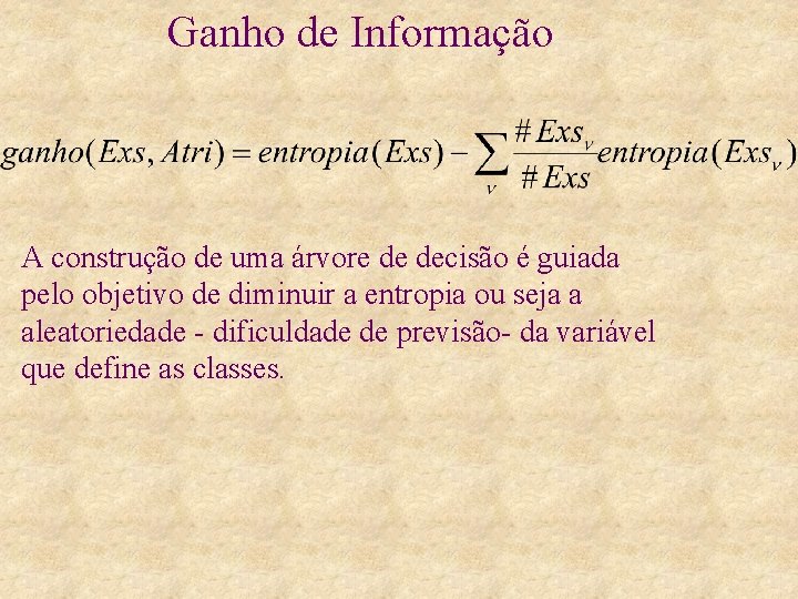 Ganho de Informação A construção de uma árvore de decisão é guiada pelo objetivo