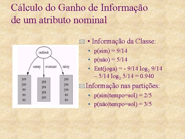 Cálculo do Ganho de Informação de um atributo nominal * • Informação da Classe: