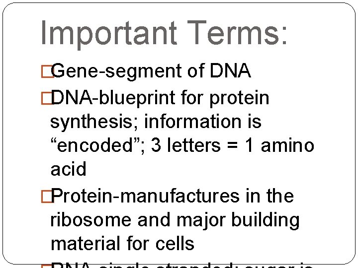 Important Terms: �Gene-segment of DNA �DNA-blueprint for protein synthesis; information is “encoded”; 3 letters