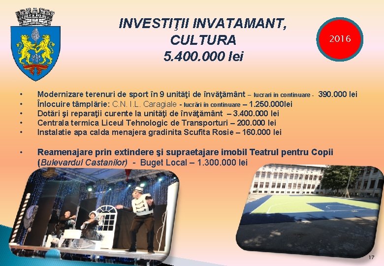 INVESTIŢII INVATAMANT, CULTURA 5. 400. 000 lei 2016 • • • Modernizare terenuri de