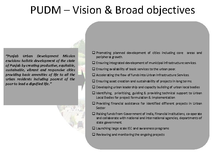 PUDM – Vision & Broad objectives “Punjab Urban Development Mission envisions holistic development of