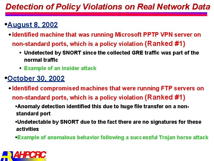 Detection of Policy Violations on Real Network Data August 8, 2002 w Identified machine