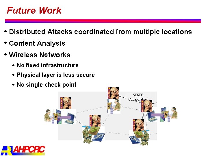 Future Work Distributed Attacks coordinated from multiple locations Content Analysis Wireless Networks w No