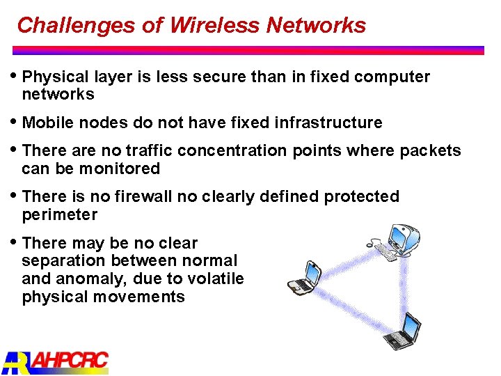 Challenges of Wireless Networks Physical layer is less secure than in fixed computer networks